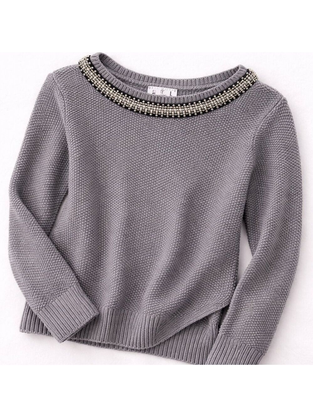 Gray Knit Top with Beaded Neckline | Wrap Back Detail | Long Sleeve | M